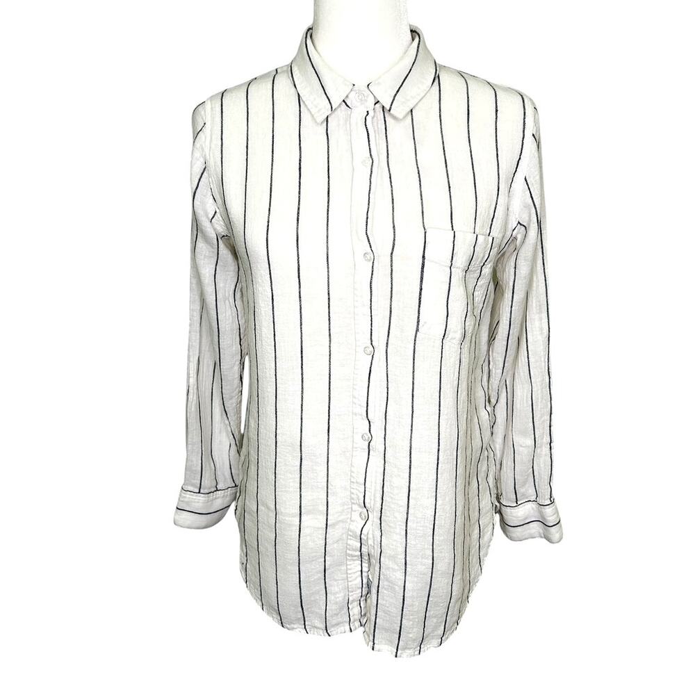 Rails Charli Ink Striped White Navy Linen Rayon Long Sleeve Button Up Blouse SM
